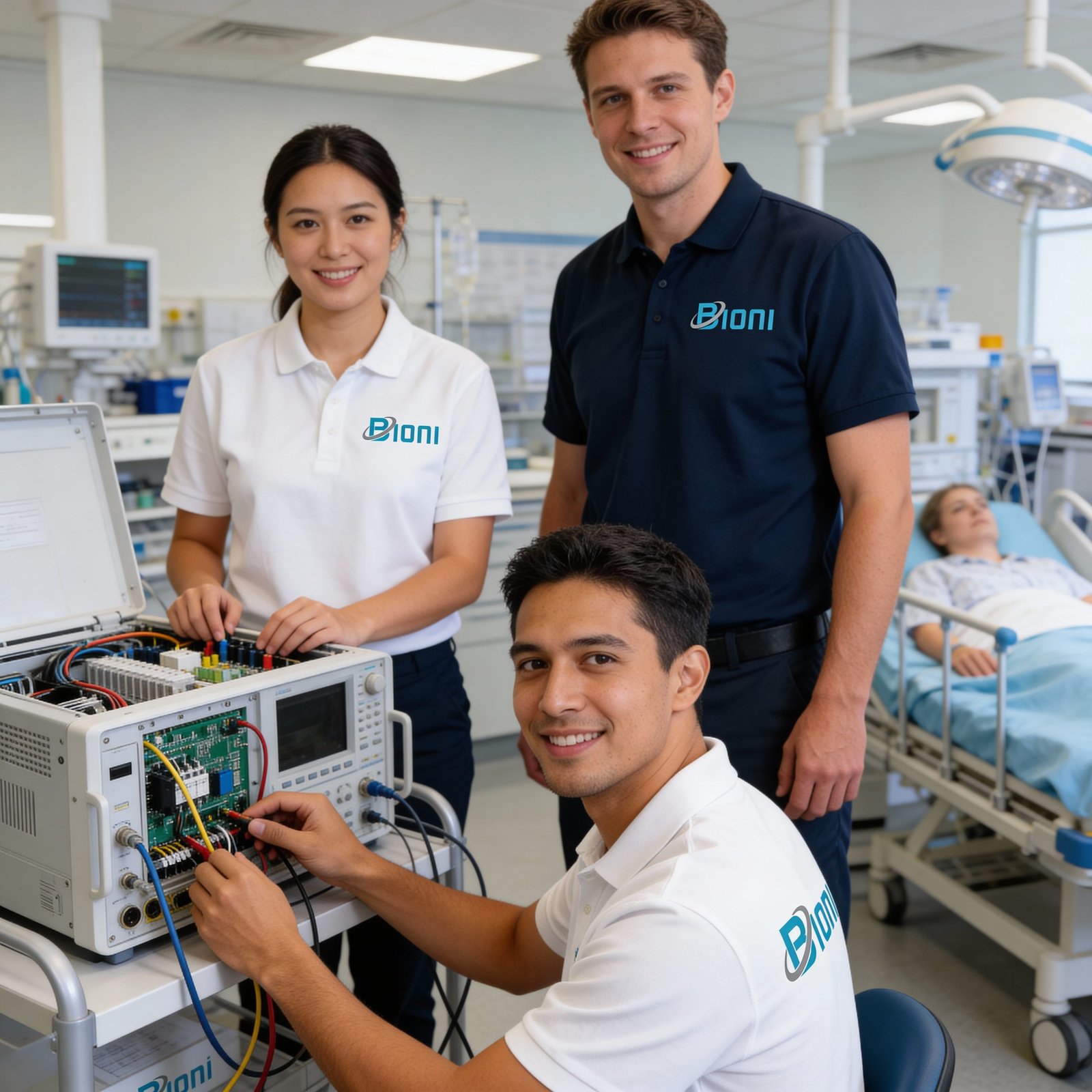 Bioni medical-integration engineers commissioning operating-theatre integration hardware in a Sydney hospital