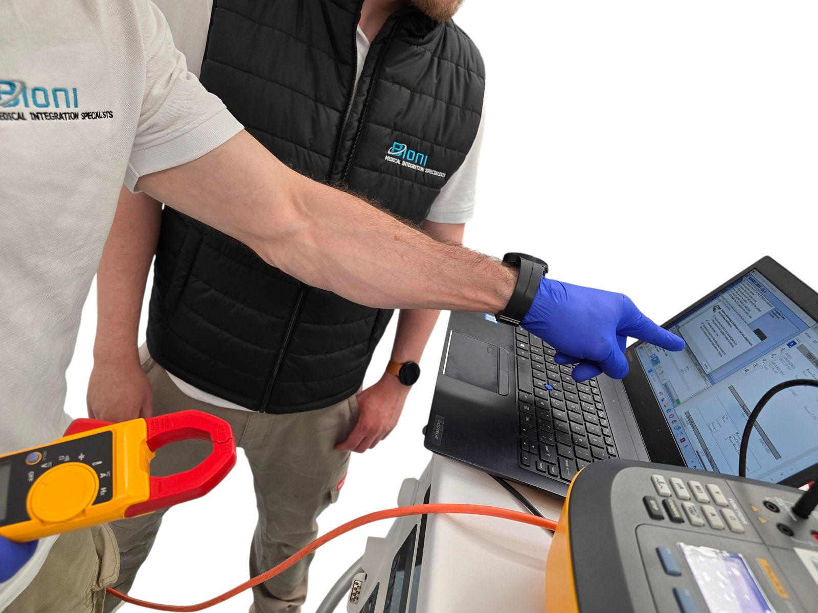 Bioni medical-integration field engineer running on-site diagnostics in an Australian hospital theatre