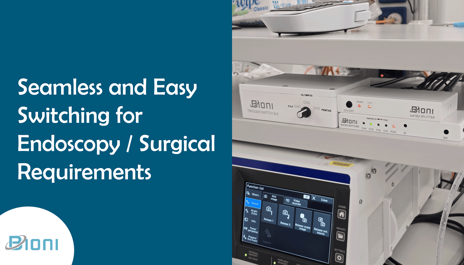 Seamless endoscopy video and trigger switching for surgical workflows — Bioni Endoconnect on a hospital tower